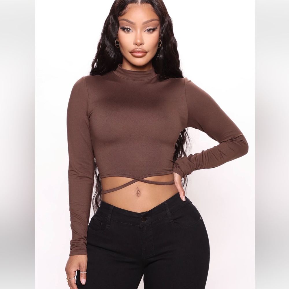 Fashion Nova Long Sleeve Tie Waist Crop Top